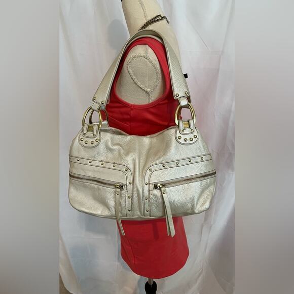 NEW Kenneth Cole Reaction Gold Pebbled Leather Studded Satchel ShoulderBag Purse - Picture 1 of 11